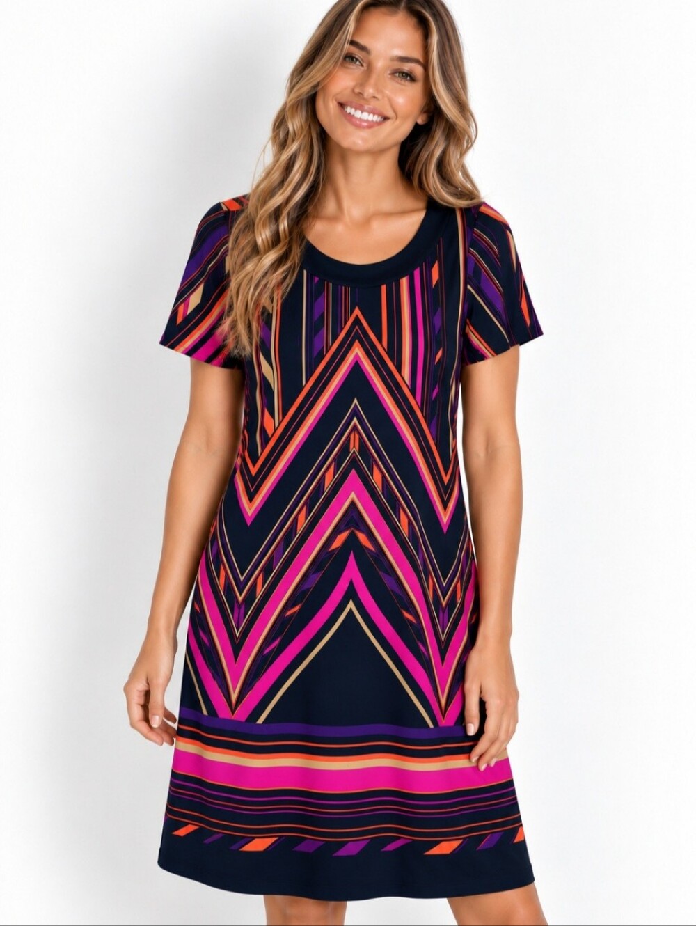Geometric Stripe Dress with Pink & Black Accents - Size Medium